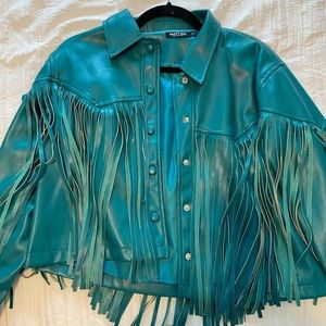 Nasty Gal Blue Fringe Leather Jacket
